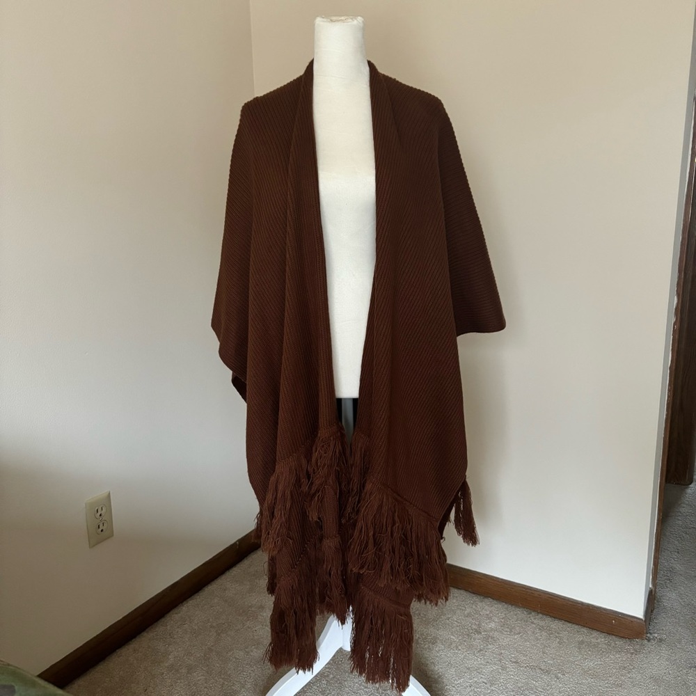 Free People Brown Fringe Knit Wrap